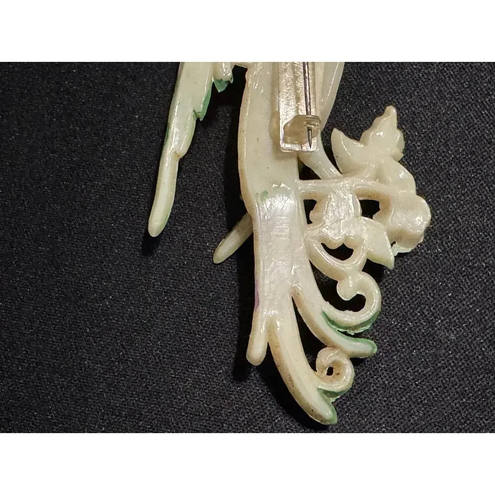 1930's Carved Celluloid Rhinestone Brid Brooch